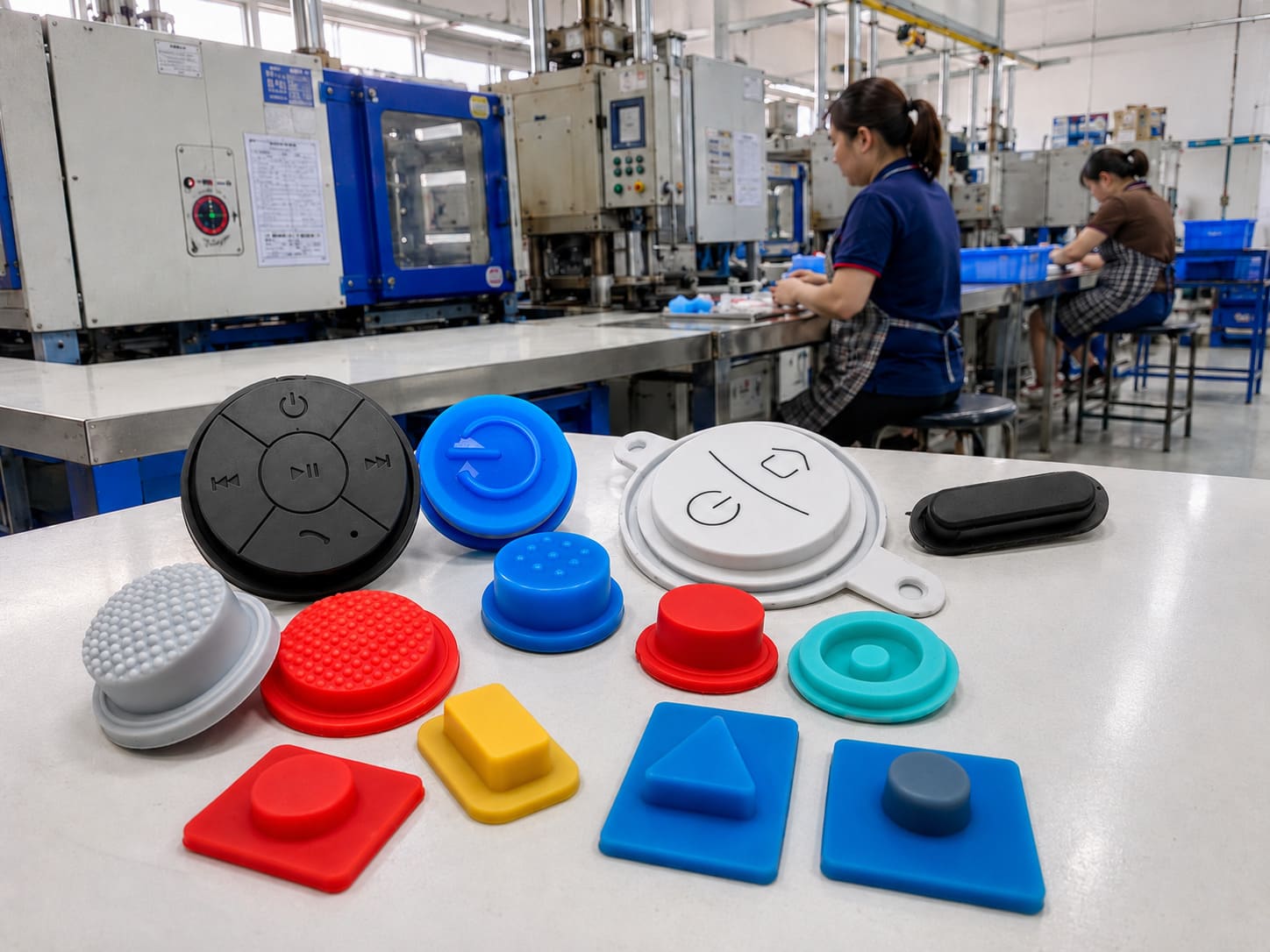 Custom silicone buttons manufactured by Pandasoft -- various shapes, colors, and tactile profiles for industrial and OEM applications