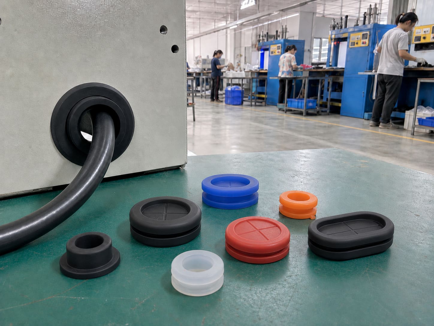 Custom silicone grommets manufactured by Pandasoft -- industrial-grade cable protection and panel hole sealing solutions