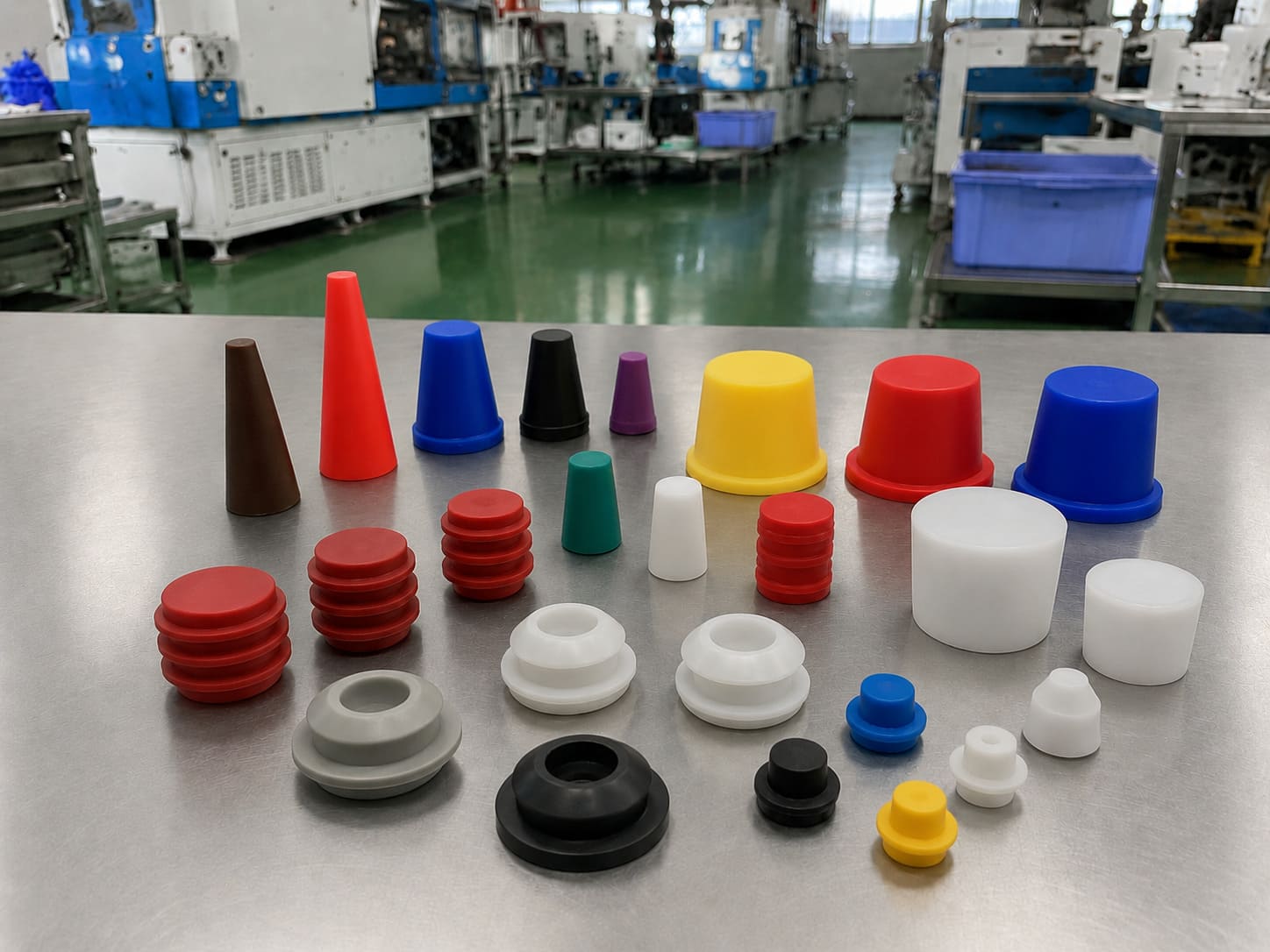 Custom silicone plugs manufactured by Pandasoft -- various sizes and shapes for industrial masking, sealing, and hole protection applications