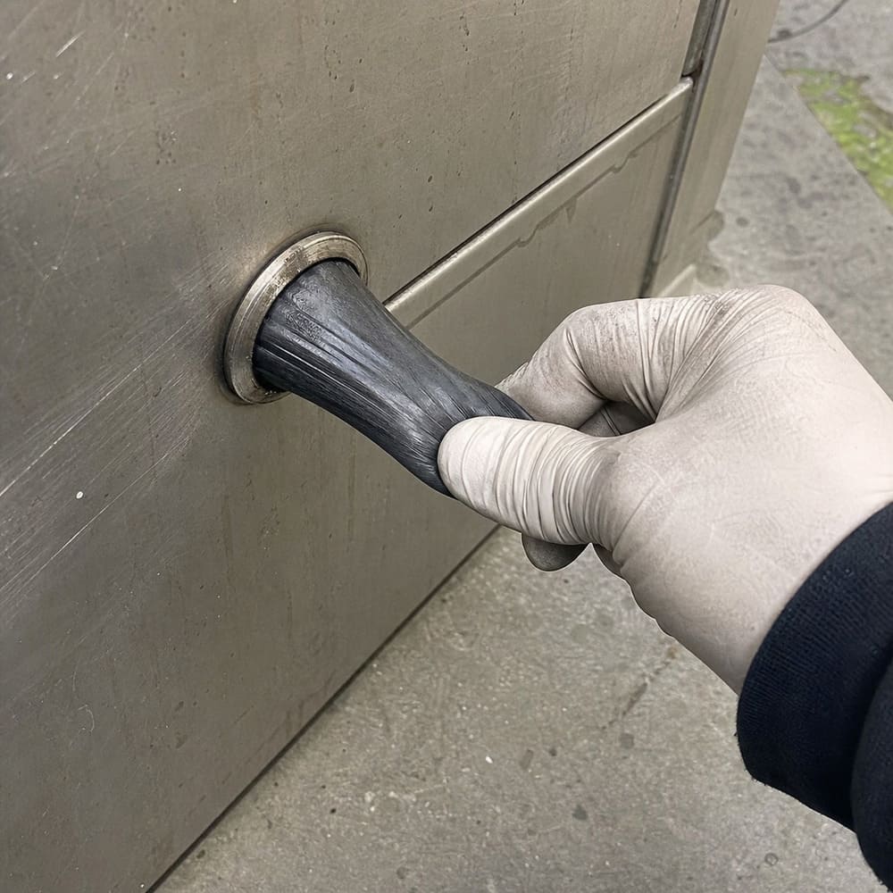 Worker struggling to remove an overly tight or poorly shaped silicone plug, risking part damage