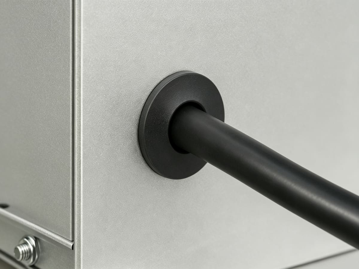 Custom flanged silicone grommets for sheet metal cable pass-through in control cabinets